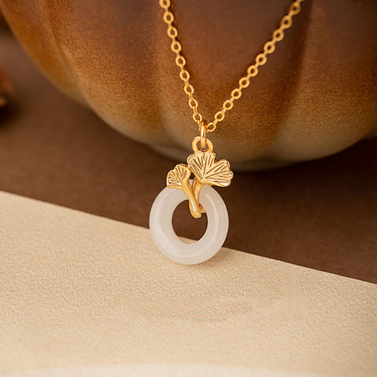 Gold-Plated Sterling Silver Three Lives Lucky Ginkgo Leaf and Hetian Jade Necklace - Focus Enhancement