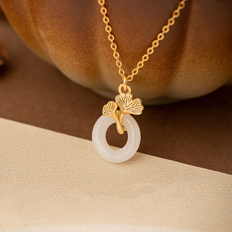 Gold-Plated Sterling Silver Three Lives Lucky Ginkgo Leaf and Hetian Jade Necklace - Focus Enhancement