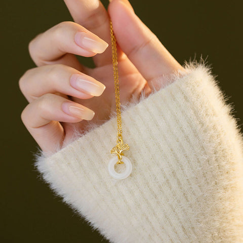 Gold-Plated Sterling Silver Three Lives Lucky Ginkgo Leaf and Hetian Jade Necklace - Focus Enhancement