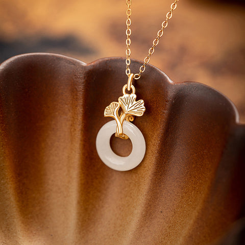 Gold-Plated Sterling Silver Three Lives Lucky Ginkgo Leaf and Hetian Jade Necklace - Focus Enhancement