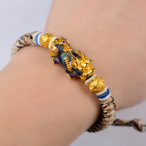 Hand Woven Copper-Plated Gold Color-Changing Pixiu Bracelet - Wealth & Prosperity