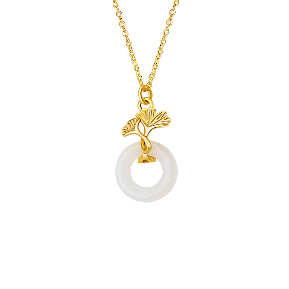 Gold-Plated Sterling Silver Three Lives Lucky Ginkgo Leaf and Hetian Jade Necklace - Focus Enhancement