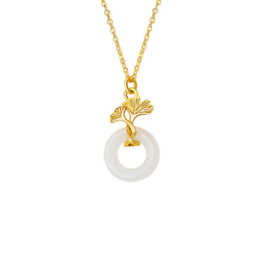 Gold-Plated Sterling Silver Three Lives Lucky Ginkgo Leaf and Hetian Jade Necklace - Focus Enhancement